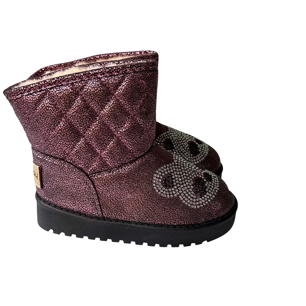 Ld-baby Girls Metallic Purple Quilted Panda Rhinestone Faux Fur Boots Sz 27
